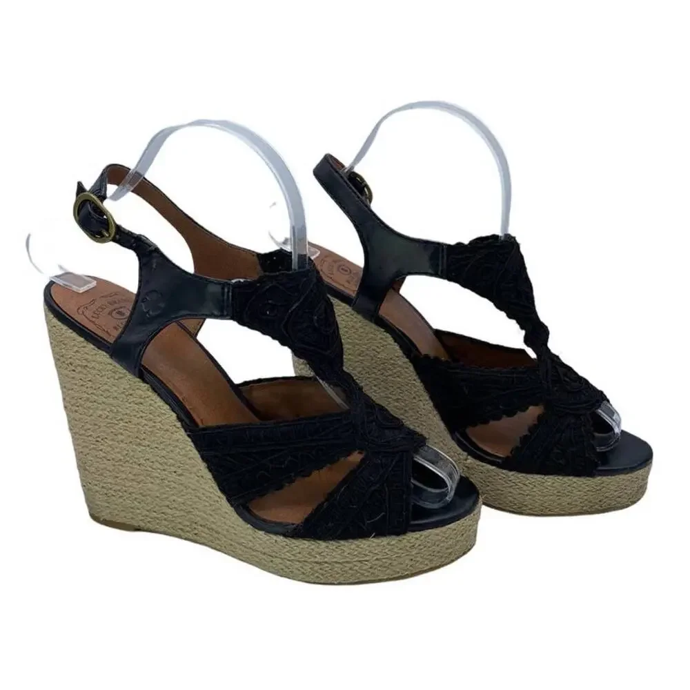 Lucky Brand Ridgeview Rita Black Macrame Lace Platform Wedge Sandals 8M Box